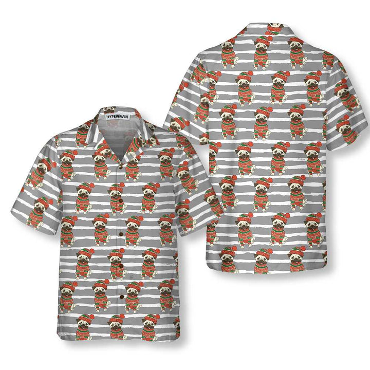 Lune London | Pug in Sweatshirt and Winter Beanie Hawaiian Shirt, Funny Christmas Pug Shirt