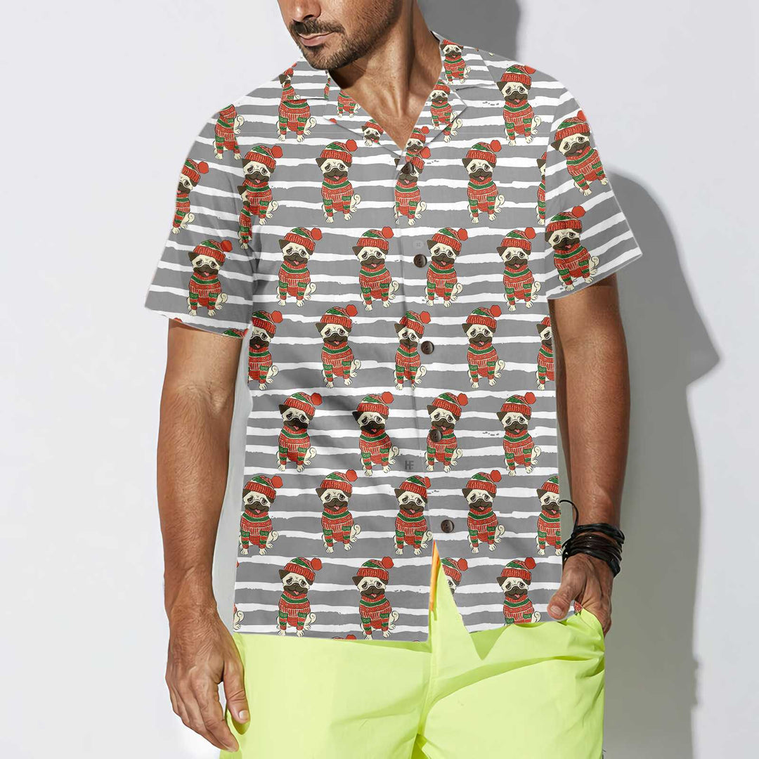Lune London | Pug in Sweatshirt and Winter Beanie Hawaiian Shirt, Funny Christmas Pug Shirt