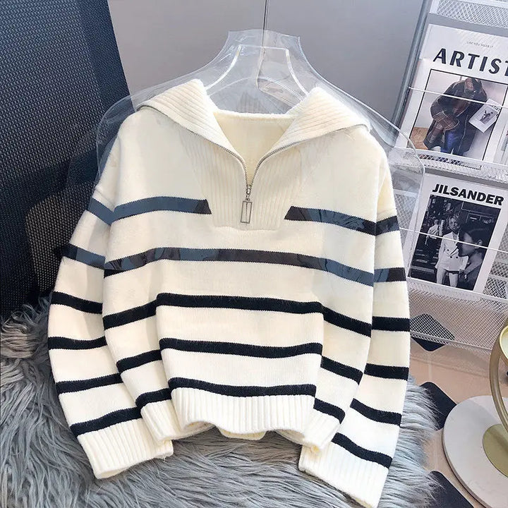 Lune London | Knitted Sweater - Half Zipper - Soft and Warm - Striped Design - Ribbed Edges