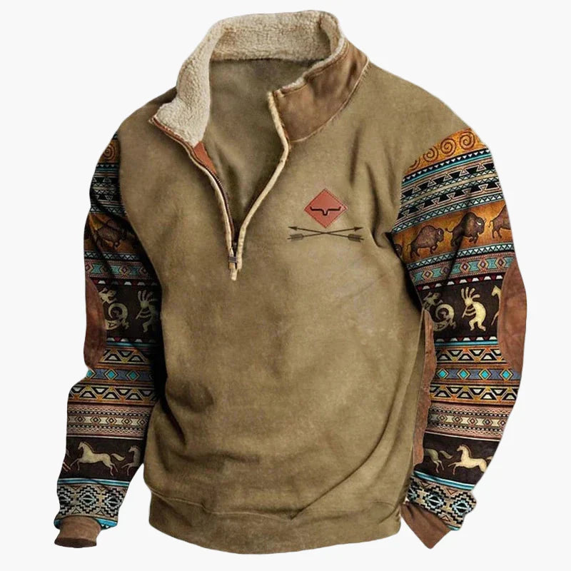 Lune London | Vintage western casual jumper with half zip collar and ethnic pattern for outdoors and leisure