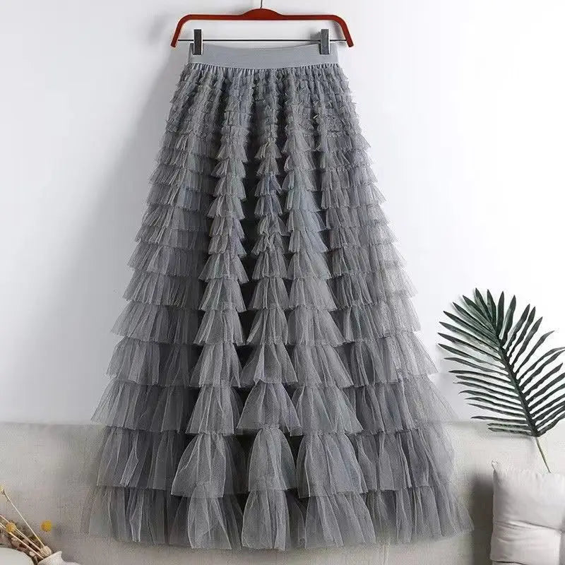 Lune London | Casual Women Solid Ball Gown Long Skirt Tulle High Waist Pleated Tutu Skirt Elegant Women Wild Net Dating Maxi Skirts Drop