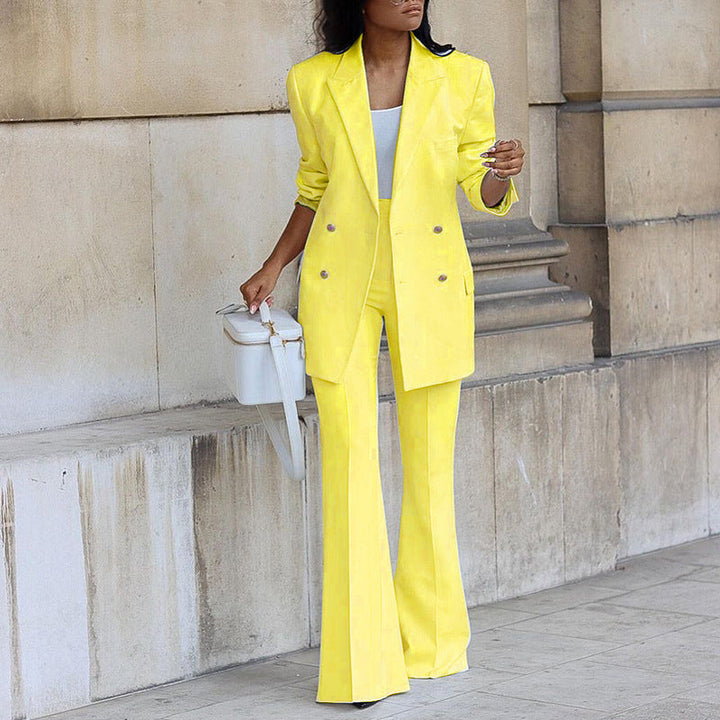 Chic Und Stil | Buttoned Blazer with Flared Trousers Two-Piece Set