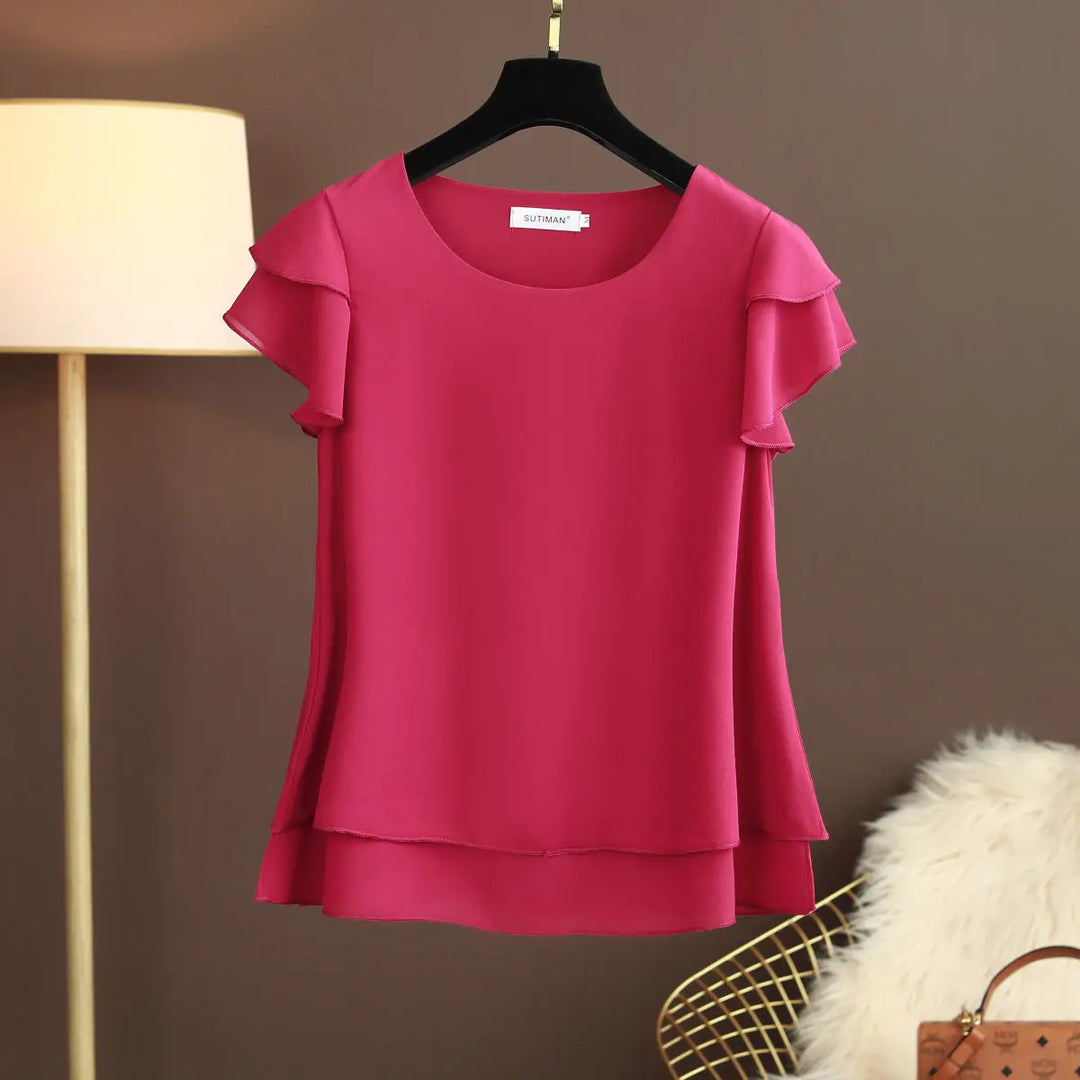 Lune London | Chiffon blouse with O-neck and short sleeves