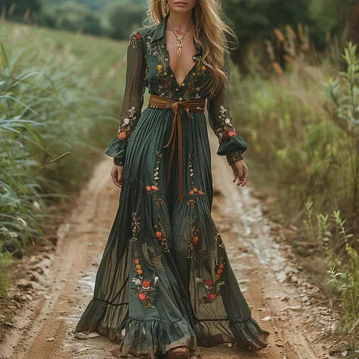 Lune London | Low V-Neck Long Sleeve Boho Style Maxi Dress Iricka