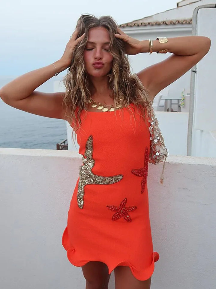 Lune London | Chic Shiny Starfish Print Ruffle Hem Mini Dress Fashion Bodycon Sleeveless Backless Short Dresses Summer Female Beach Dresses