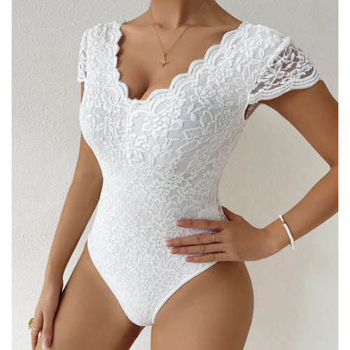 Amarae | Elegant Body Suit with Lace Sleeves and V-Neck