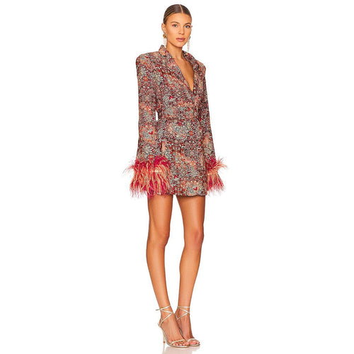 Amarae | Blazer dress with V-neck and feathers and abstract pattern for women