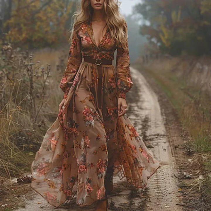 Lune London | Low V-Neck Long Sleeve Boho Style Maxi Dress Iricka