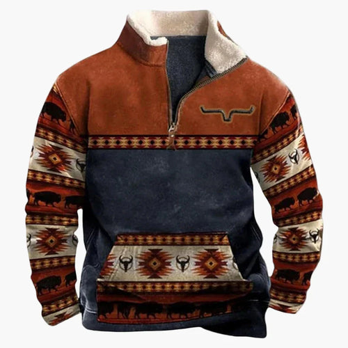 Amarae | Vintage western casual jumper with half zip collar and ethnic pattern for outdoors and leisure