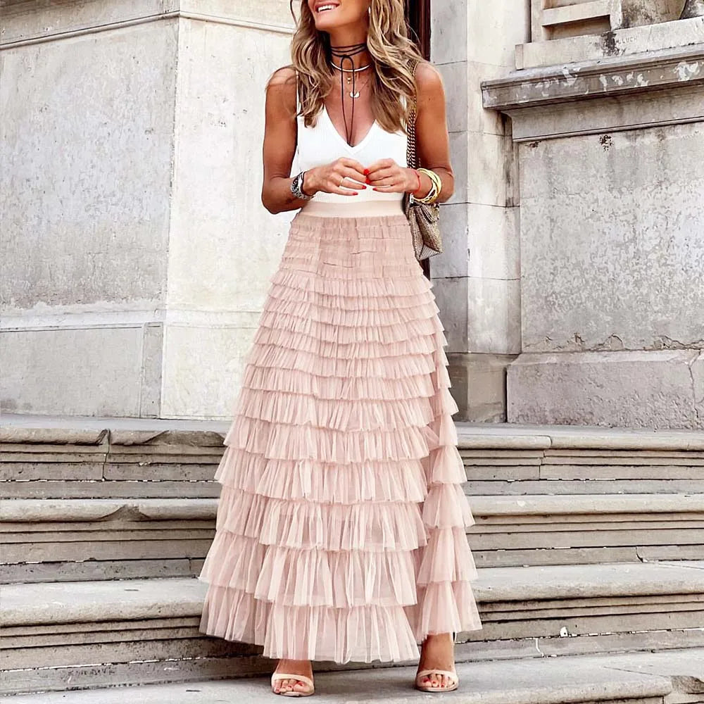 Lune London | Casual Women Solid Ball Gown Long Skirt Tulle High Waist Pleated Tutu Skirt Elegant Women Wild Net Dating Maxi Skirts Drop