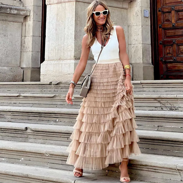 Lune London | Casual Women Solid Ball Gown Long Skirt Tulle High Waist Pleated Tutu Skirt Elegant Women Wild Net Dating Maxi Skirts Drop