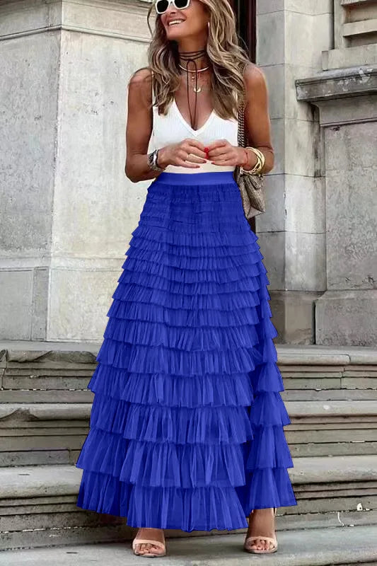 Lune London | Casual Women Solid Ball Gown Long Skirt Tulle High Waist Pleated Tutu Skirt Elegant Women Wild Net Dating Maxi Skirts Drop