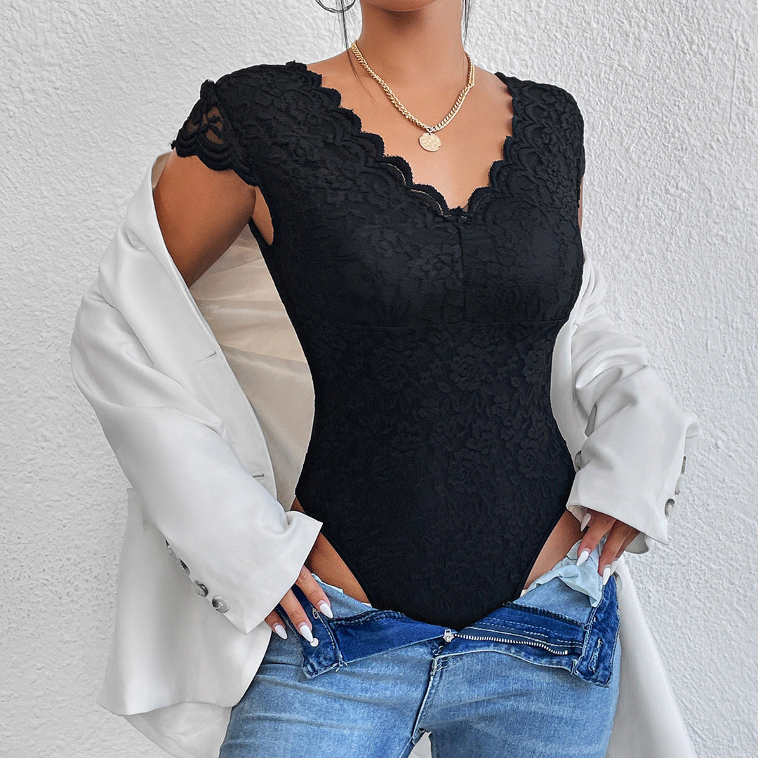 Lune London | Elegant Body Suit with Lace Sleeves and V-Neck