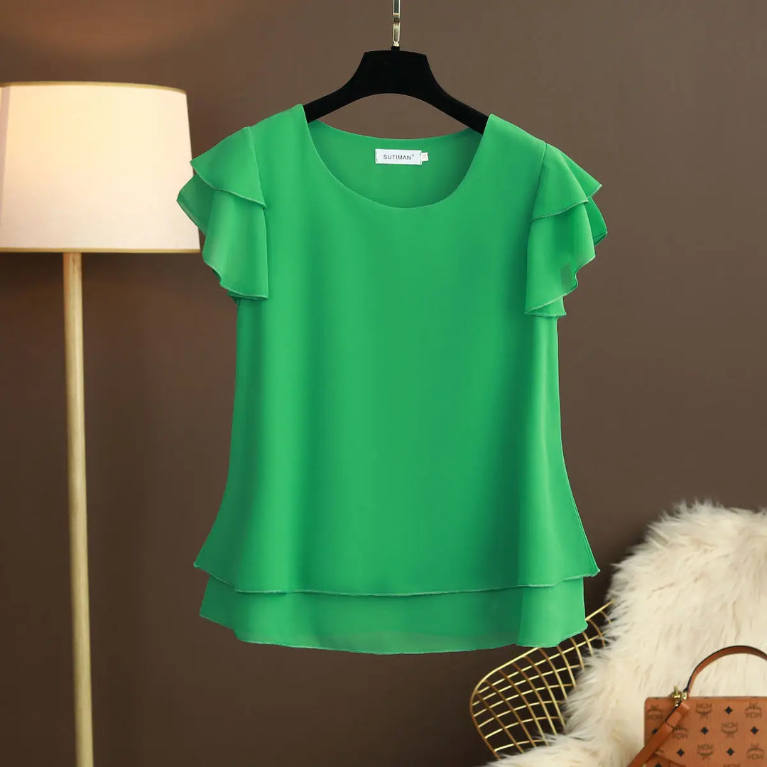 Lune London | Chiffon blouse with O-neck and short sleeves