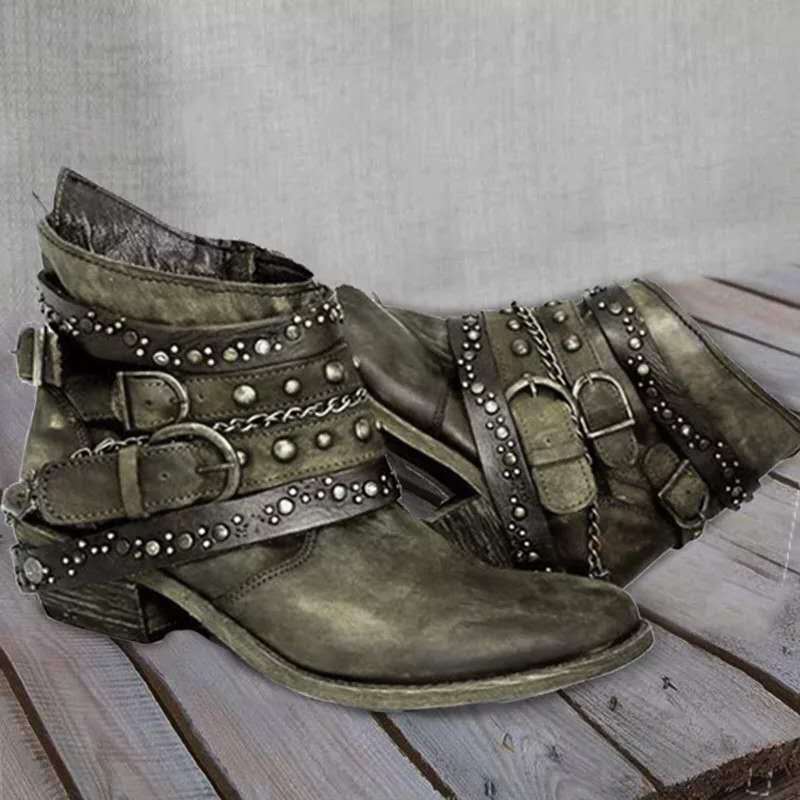 Lune London | Ankle boots - leather - western design - buckle and chain details - low heel