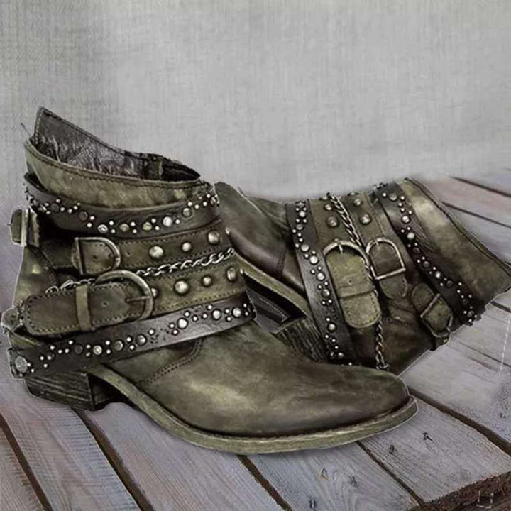 Lune London | Ankle boots - leather - western design - buckle and chain details - low heel