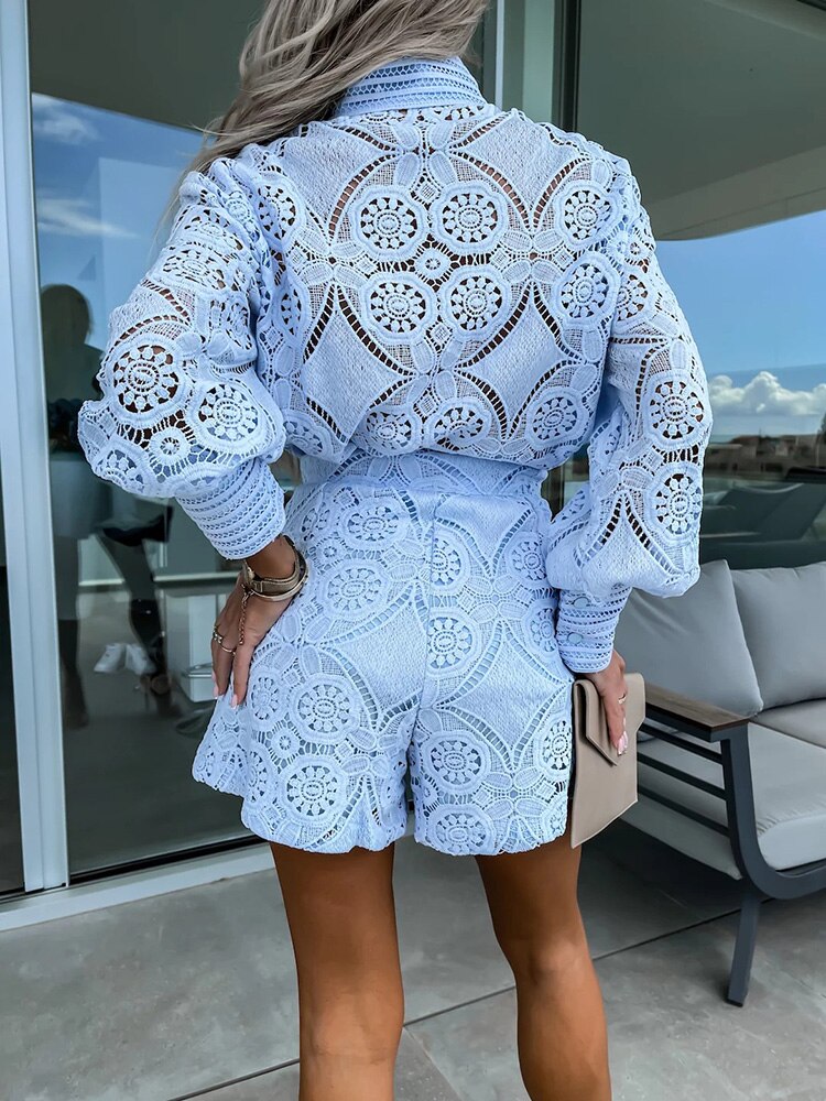 Lune London | Hollow Lace Blouse and Shorts Set