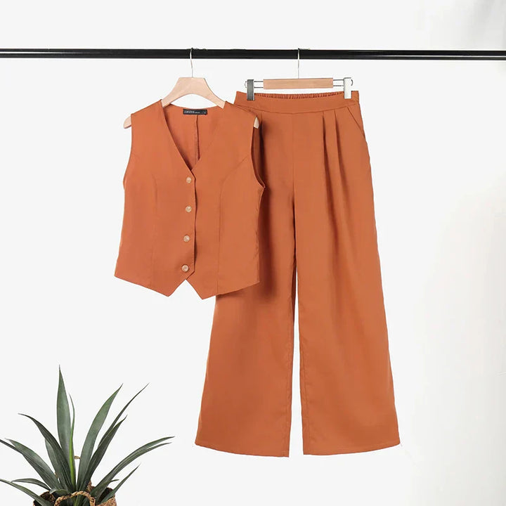 Lune London | Modern Set Elegant Sleeveless V-Neck Top and Wide Leg Trousers Women's Suit