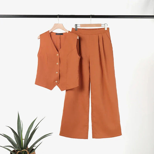 Amarae | Modern Set Elegant Sleeveless V-Neck Top and Wide Leg Trousers Women's Suit