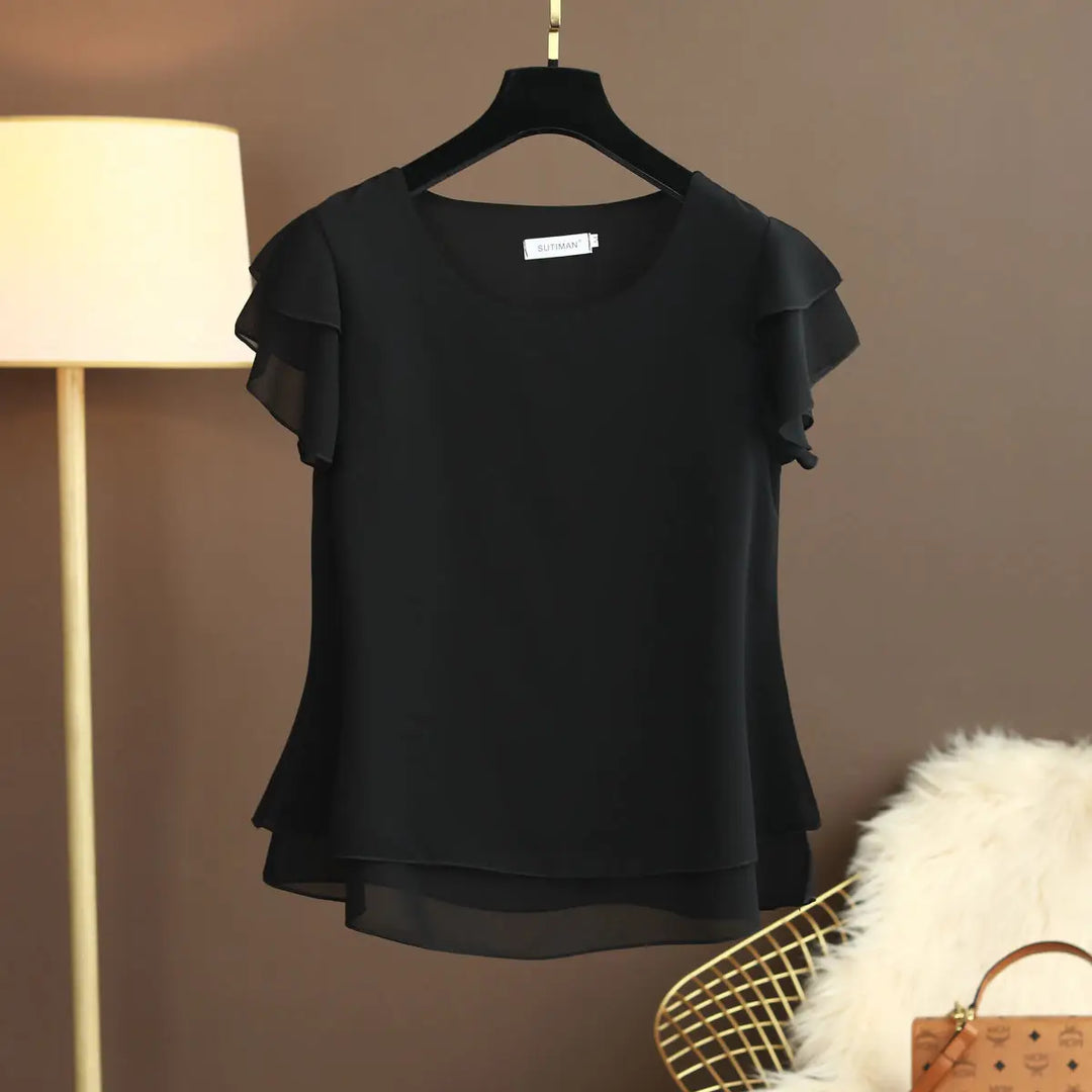 Lune London | Chiffon blouse with O-neck and short sleeves