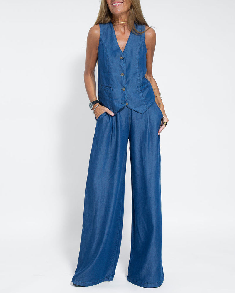Lune London | Elegant 2-Piece Set Linen Wide Pants & Vest