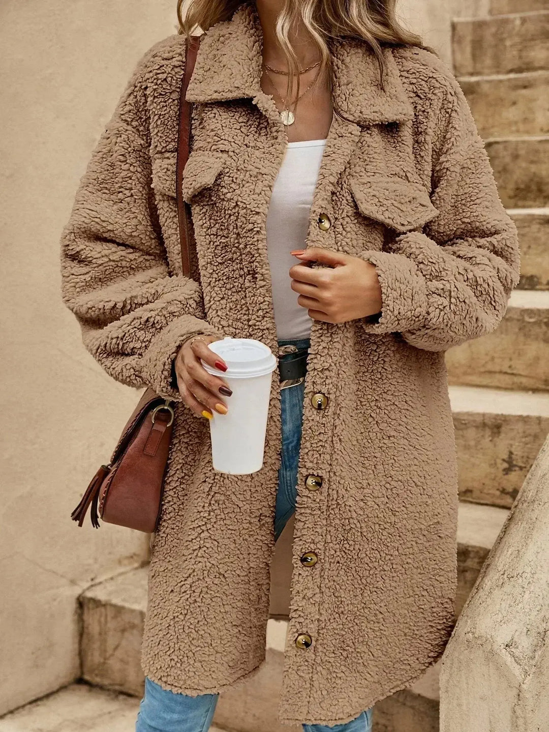 Chic und Stil | Comfortable teddy jacket with button placket & chest pockets