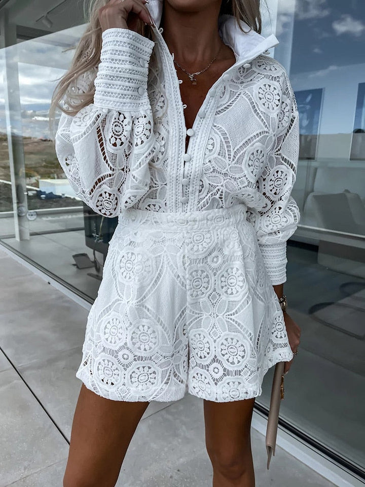Lune London | Hollow Lace Blouse and Shorts Set