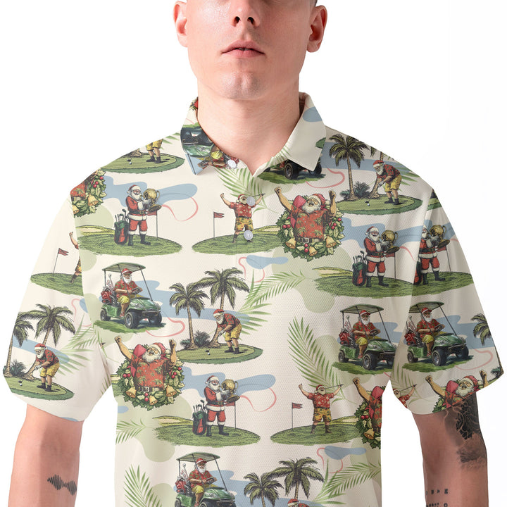 Amarae | Men Beige Santa Golf Playing Christmas Golf Polo Shirts