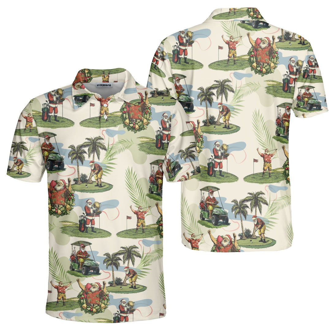 Amarae | Men Beige Santa Golf Playing Christmas Golf Polo Shirts