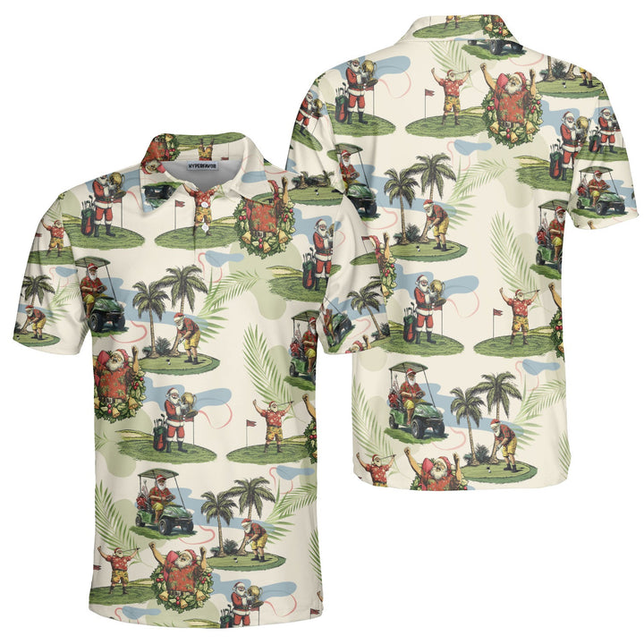 Amarae | Men Beige Santa Golf Playing Christmas Golf Polo Shirts