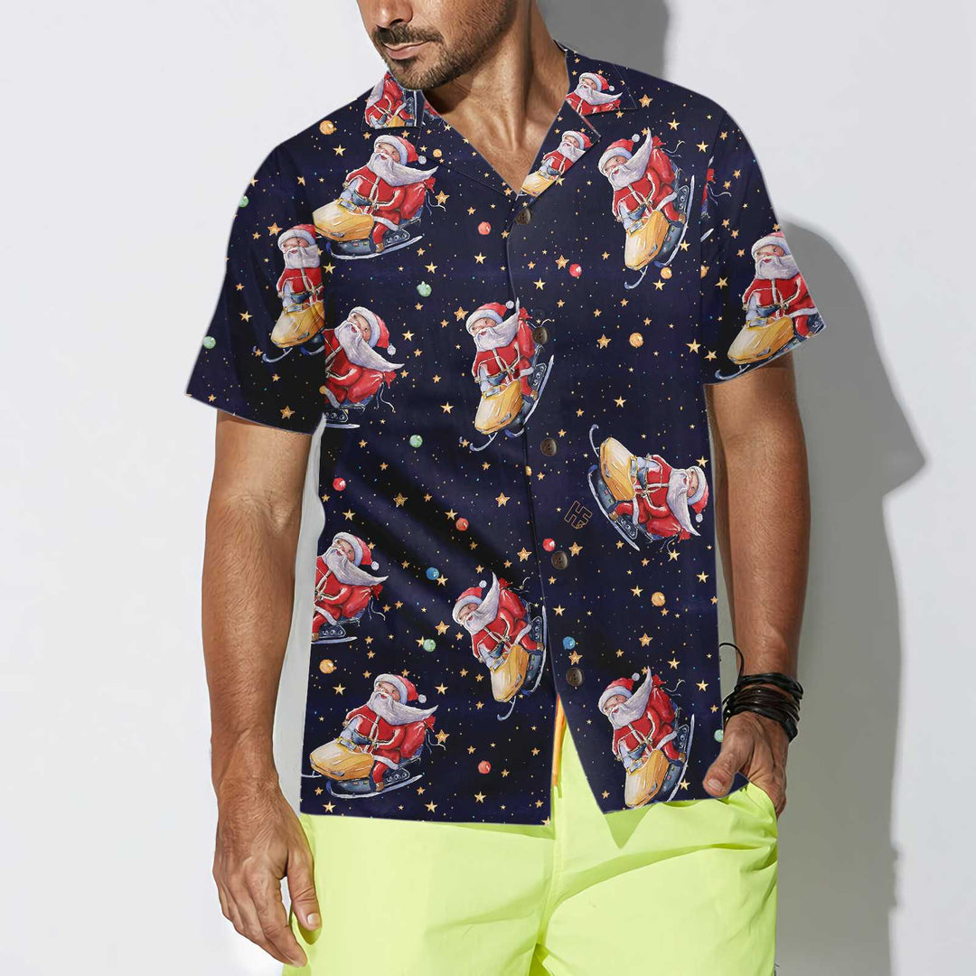 Lune London | Christmas Hawaiian T-shirt Santa Claus on snowmobile, Fun Hawaiian T-shirt of Santa for men