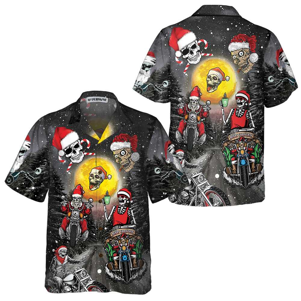 Lune London | Santa Skeleton Merry Christmas Hawaiian Shirt, Funny Biker Skull Christmas T-shirt, Christmas Gift