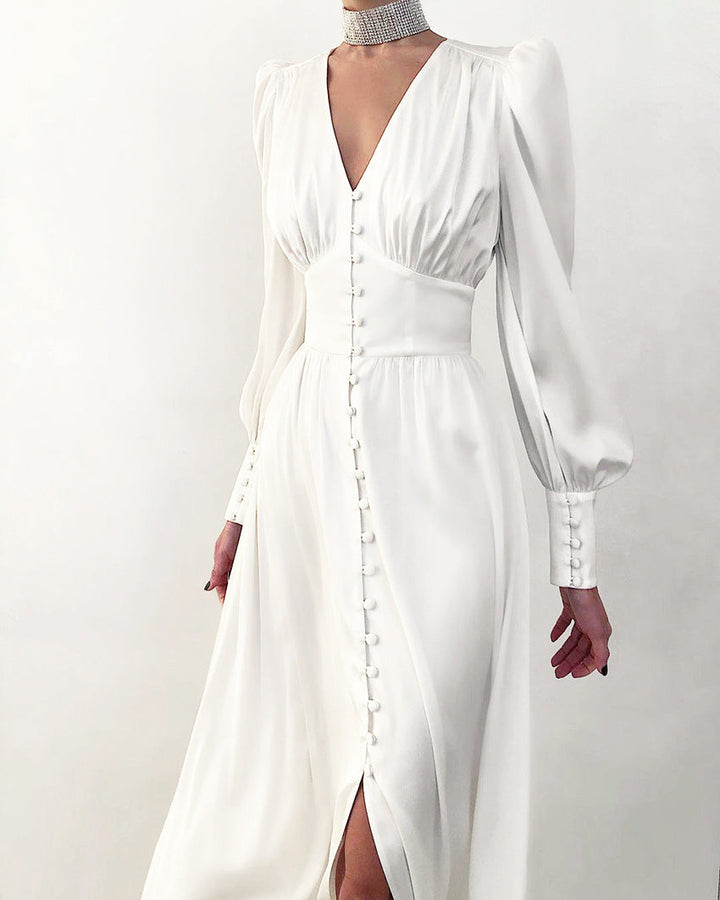 Lune London | Elegant Party Dress with V-Neck and Puff Sleeves for Women