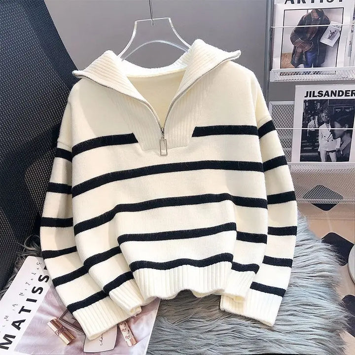 Lune London | Knitted Sweater - Half Zipper - Soft and Warm - Striped Design - Ribbed Edges