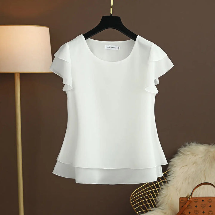 Lune London | Chiffon blouse with O-neck and short sleeves
