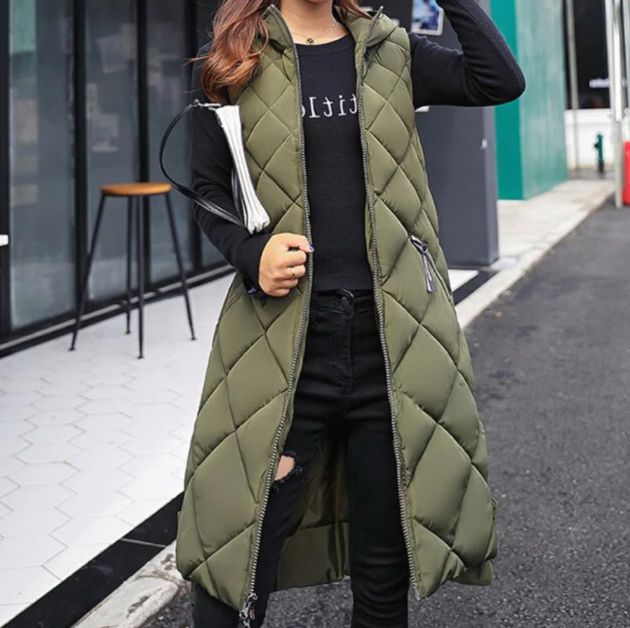 Lune London | Long Puffer Style Vest with Hood for Women