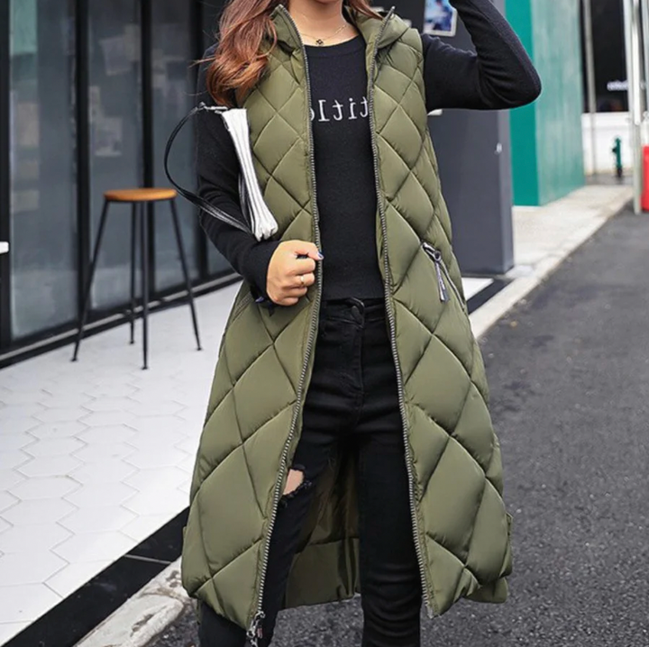 Lune London | Long Puffer Style Vest with Hood for Women