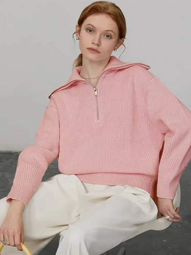 Amarae | Pullover Sweatshirt - Wool Knit - Loose Fit - High Zip Collar - Ribbed Trim