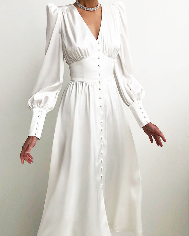 Lune London | Elegant Party Dress with V-Neck and Puff Sleeves for Women