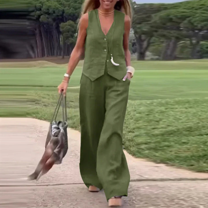 Lune London | Modern Set Elegant Sleeveless V-Neck Top and Wide Leg Trousers Women's Suit
