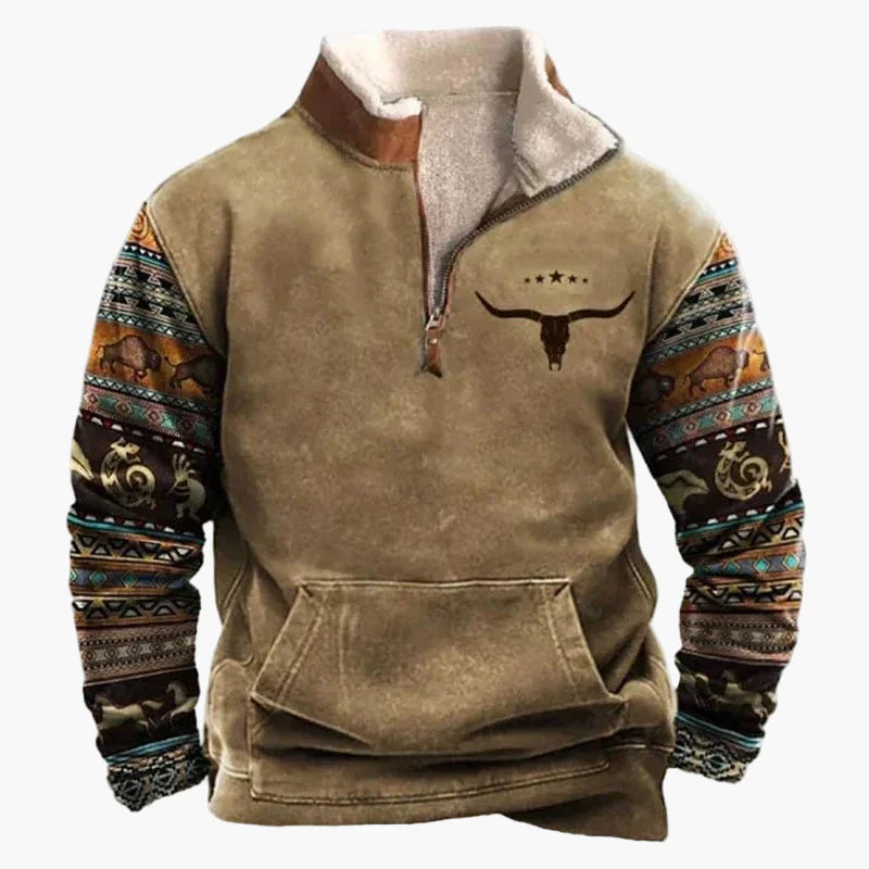 Lune London | Vintage western casual jumper with half zip collar and ethnic pattern for outdoors and leisure