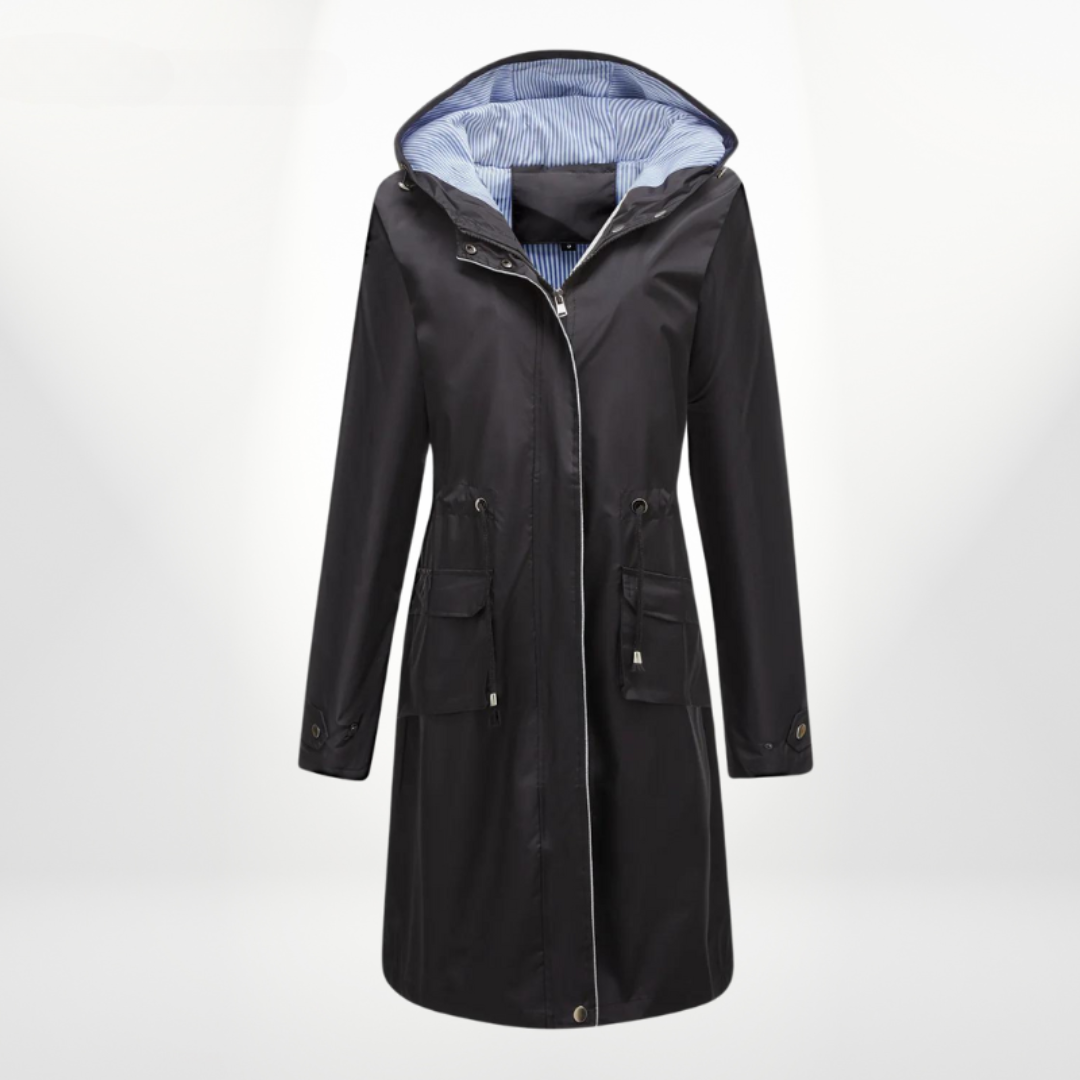 Lune London | Stylish waterproof trench coat for women with hood down to knee