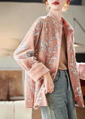 Amarae | Silk velvet coats with pink sequin buttons and long sleeves