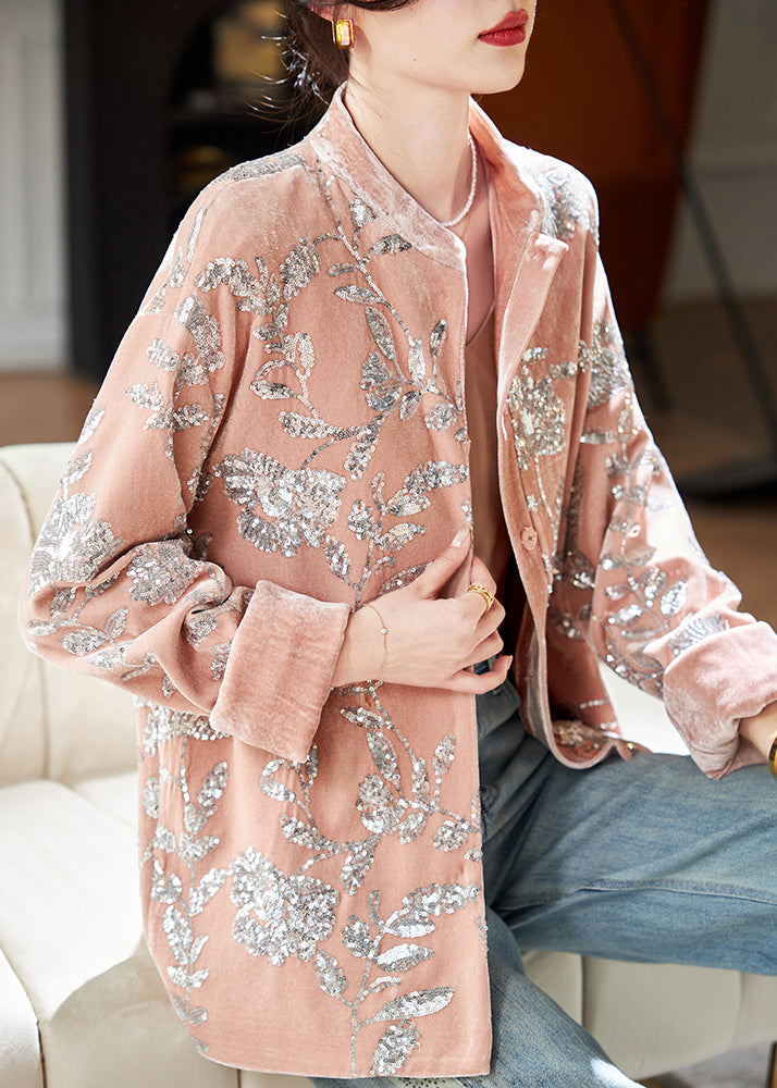 Lune London | Silk velvet coats with pink sequin buttons and long sleeves