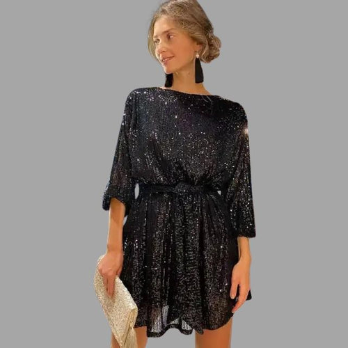 Amarae | Mini sequin dress with pleated waist and loose sleeves