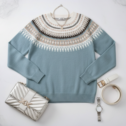 Amarae | Knit sweater - Fair Isle pattern - Round neckline - Long sleeves - Ribbed details