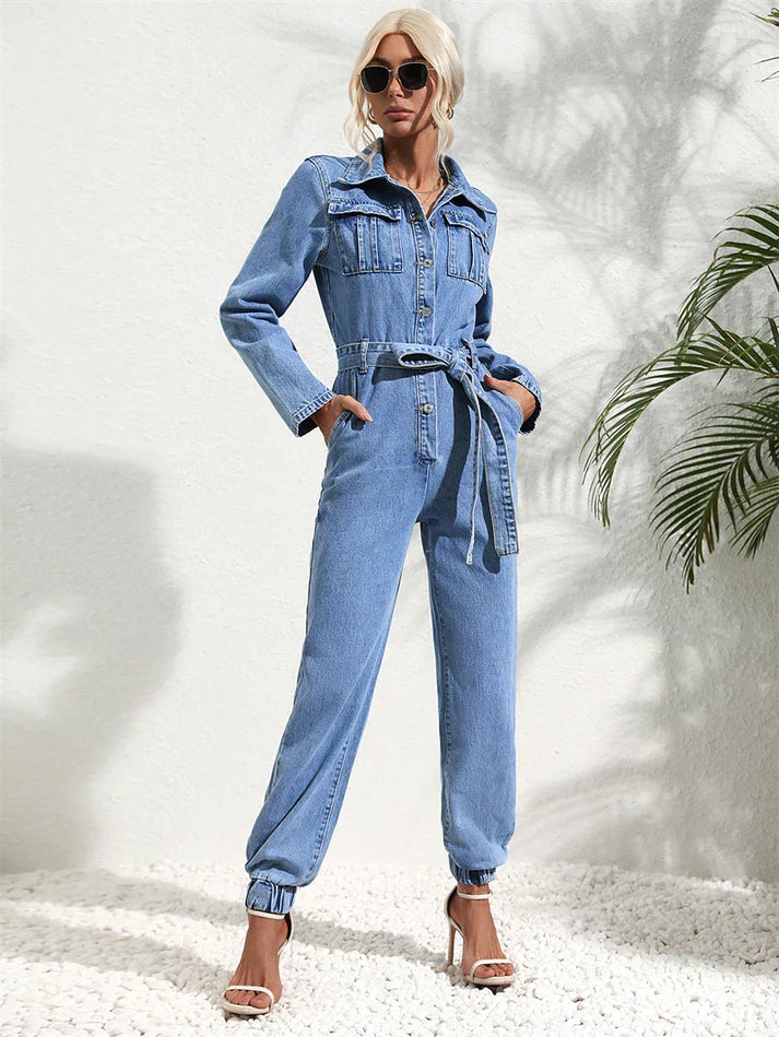 Chic Und Stil | Casual Denim Jumpsuit with Belt and Long Sleeves for Women