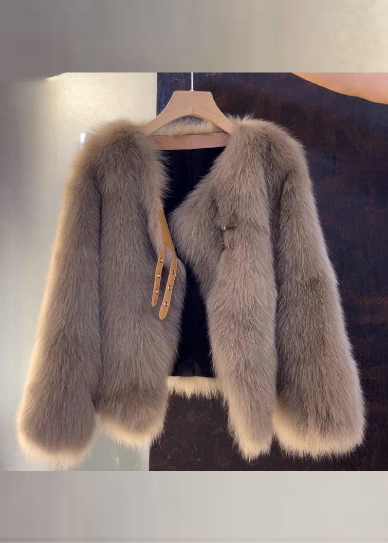 Lune London | Brown leather and fur coats with V-neck