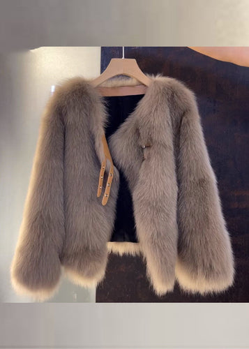 Amarae | Brown leather and fur coats with V-neck