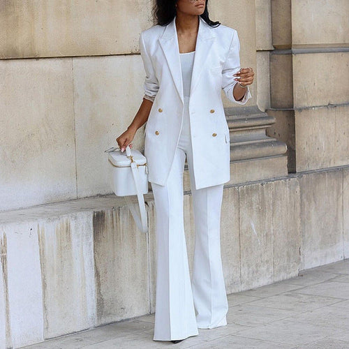 Chic Und Stil | Buttoned Blazer with Flared Trousers Two-Piece Set